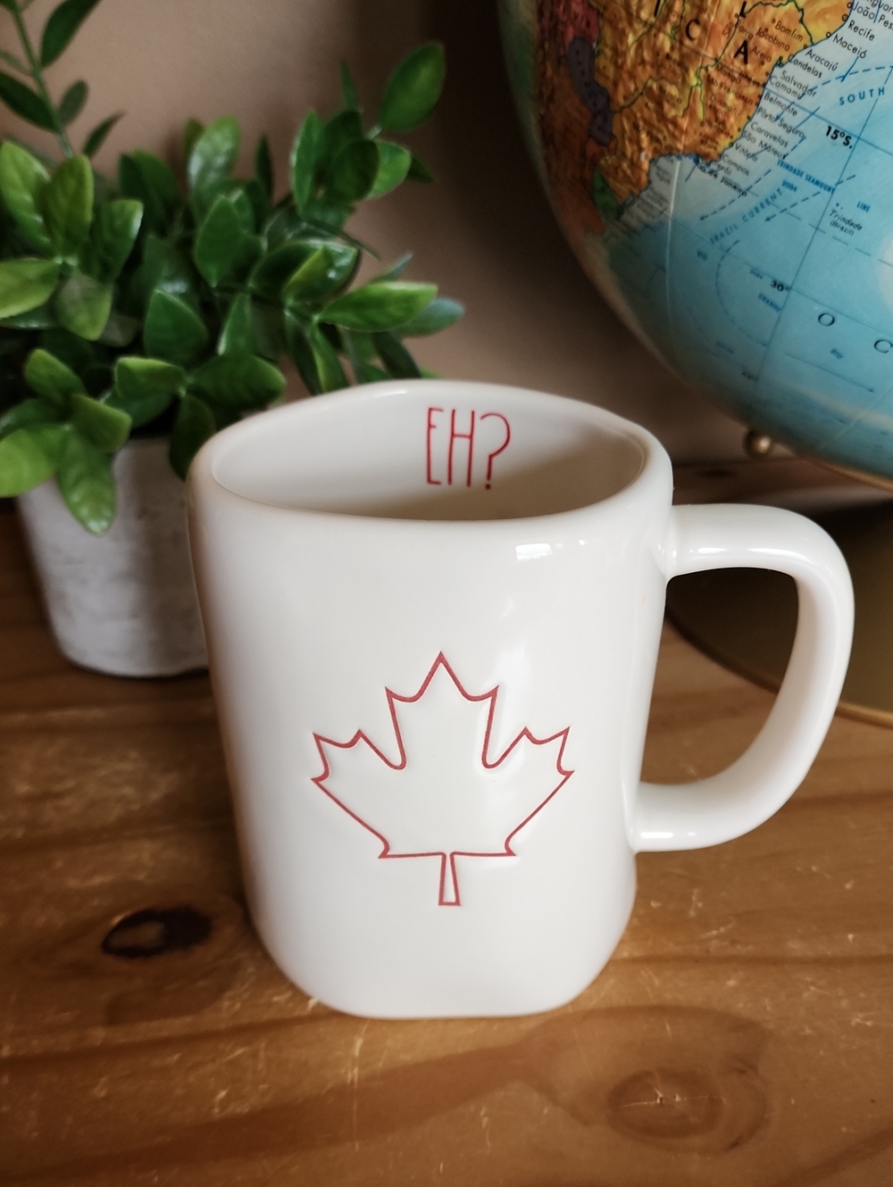 Rae Dunn White Mug with Red Maple Leaf and 'EH?' Accent